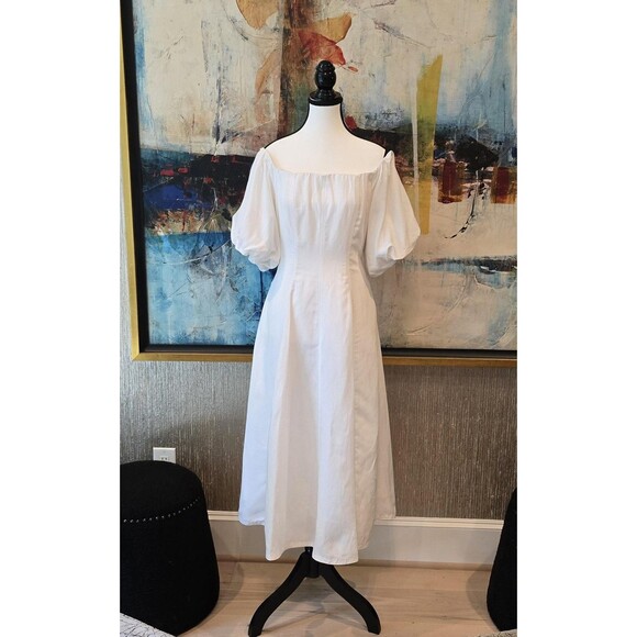Off Shoulder Puff Sleeve Midi Linen Blend Cottagecore Prairie COS Dress Womens 8 - Picture 1 of 16